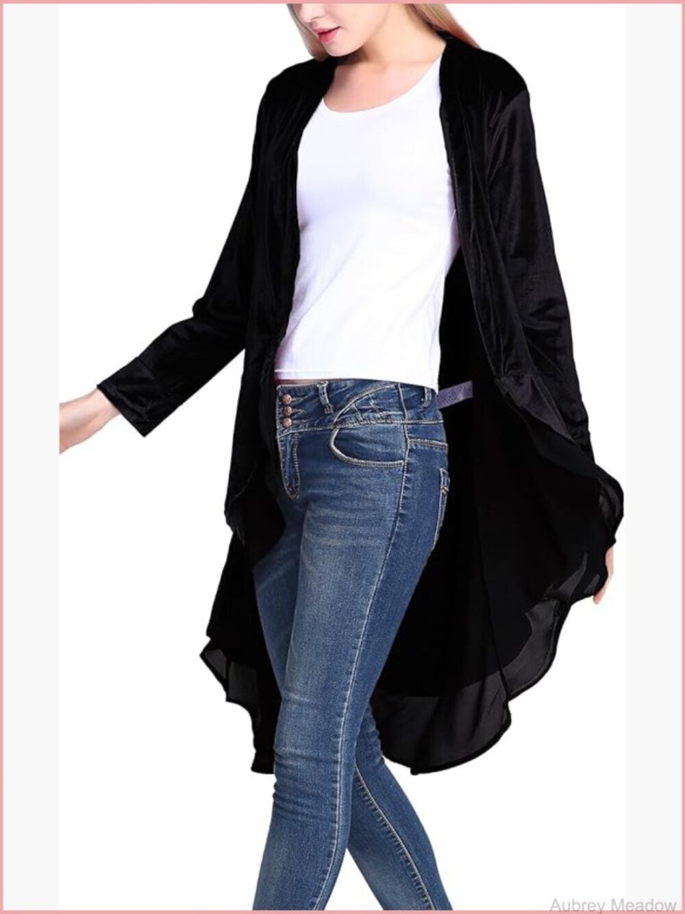 Velvet Cardigan Coat Asymmetric Chiffon Hem Long Sleeve Open Front